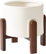 La Jolie Maison White Planter with Wood Stand, Large Ceramic Planter for Indoor ... - Image 2