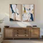 Large Framed Neutral Abstract Wall Art, 2 Piece Beige and Navy Blue Modern Minim... - Image 2