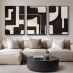 Large Framed Neutral Abstract Wall Art for Living Room, 3 Piece Black Beige Canv... - Image 2