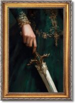 Large Gold Framed Victorian Feminist Woman Wall Art Vintage Royal Medieval Sword... - Image 2