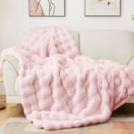 Latepis Pink Faux Fur Throw Blanket for Couch Bubble Cute Soft Warm Comforter Th... - Image 2