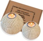 Luca Orb Tea Light Candle Holders (Gift Boxed Set of 2) Grid Pattern, Beige and ... - Image 2