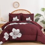 Luxudecor 7 Pieces Queen Size Comforter Set, Burgundy Floral Bed in a Bag Comfor... - Image 2