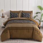 Luxudecor Brown Comforter Set Queen Size, 7 Pieces Stripe Geometric Bed in a Bag... - Image 2