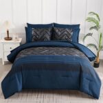 Luxudecor Navy Blue Comforter Set Queen Size, 7 Pieces Stripe Geometric Bed in a... - Image 2