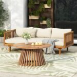 Merax Outdoor Acacia Wood Conversation Set - Patio 3-Seat Loveseat Sofa w/Coushi... - Image 2