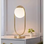 Mid Century Modern Table Lamp White Glass Shade Nightstand Lamp Small Gold Table... - Image 2