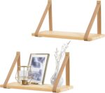 Mkono Hanging Shelf Wall Wood Floating Storage Shelves Leather Strap Swing Organ... - Image 2