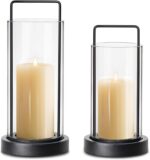 Modern Black Metal & Wood Hurricane Candle Holder Set of 2 Boho Farmhouse Glass ... - Image 2