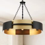 Modern Chandelier 26" Industrial Light Fixture Black and Gold 5-Light Large Drum... - Image 2