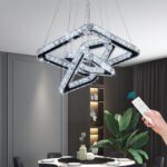 Modern Crystal Chandelier, Dimmable LED Pendant Light with Remote, Square 3-Ring... - Image 2