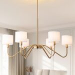 Modern Gold 6-Lights Chandelier, 39" Pendant Light with White Fabric Shade Adjus... - Image 2