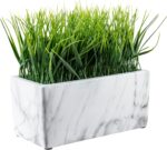 MyGift 10 Inch Artificial Green Grass Plant in Rectangular White Marble Pattern ... - Image 2