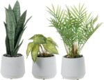 MyGift Modern Assorted Artificial Plants Potted in White Textured Planter Pots, ... - Image 2