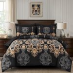 Mybedsoul 7 Pieces Black Comforter Set King Size, Gold Damask Bed in a Bag for K... - Image 2