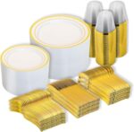 N9R 600PCS Disposable Plastic Plates, Gold Plastic Dinnerware Set Includes 100 D... - Image 2