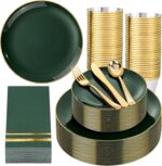 NOCCUR 350PCS Green Plastic Plates - Disposable Green Gold Dinnerware Set for 50... - Image 2