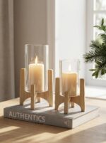 NUPTIO Hurricane Glass Candle Holders: Set of 2 Pillar Candle Holders with Woode... - Image 2