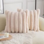 Neelvin Beige Faux Fur Cozy Soft Striped Decorative Throw Pillow Covers 18x18 in... - Image 2