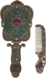 Nerien Vintage Metal Handheld Makeup Mirror with Comb - Russian Style Embossed R... - Image 2