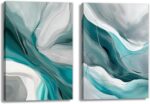OAAPITI Abstract Canvas Wall Art Set Of 2 Watercolor Teal Gray White Painting Mi... - Image 2