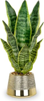 Oairse Artificial Potted Plant, Fake Snake Plant in Gold Pot 16.9 inch Faux Sans... - Image 2