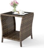 Outdoor Wicker Side Table Rattan Side Tables End Table for Patio with Glass Top ... - Image 2