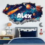 Personalized Space 3D Wall Hole Decal for Kids Room – Custom Name Rocket Galaxy ... - Image 2