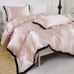 Pink Satin Duvet Cover Set Extra Comfy Silky Bedding Set Black Fringe Elegant De... - Image 2