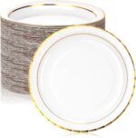 Potchen 50 Pcs Gold Disposable Paper Plates 10 Inch White with Gold Rim Strong H... - Image 2