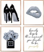 Qabliqo Silver and Black Bathroom Decor Wall Art Prints Set of 4, Silver Fashion... - Image 2