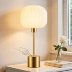 QiMH Glass Table Lamp for Living Room, Modern Bedside Lamp with Gream Ribbed Gla... - Image 2