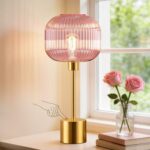 QiMH Glass Table Lamp for Living Room, Modern Bedside Lamp with Pink Ribbed Glas... - Image 2