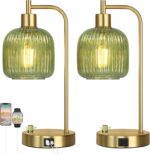 QiMH Industrial Table Lamp for Bedroom Set of 2, Green Glass Beside Lamp with US... - Image 2