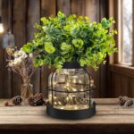 Rustic Farmhouse Glass Vases with Green Artificial Eucalyptus Plants & Lights Pr... - Image 2