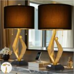 Sculptural Table Lamp Set of 2 with USB Ports For Living Room, Gold Leaf Finish ... - Image 2