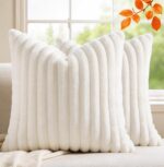 Set of 2 Decorative Throw Pillow Covers 18x18 Faux Fur, Soft Plush Striped Squar... - Image 2