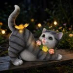 Solar Garden Statue Cat Figurine, Resin Solar Lights with Flower Decor for Outsi... - Image 2