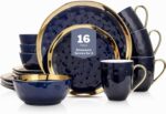 Stone Lain Porcelain 16 Piece Dinnerware Set, Service for 4, Blue and Golden Rim... - Image 2