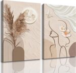 TJRRKYHY 2Pcs Modern Boho Abstract Canvas Wall Art Beige Minimalist Woman Line A... - Image 2