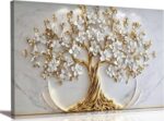 Tree of Life Canvas Wall Art Gold White Flowers Wall Decor Picture Natural Lands... - Image 2