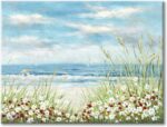 UTOP-art Beach Scene Canvas Wall Art: Seaside White Wildflower & Blue Ocean Seas... - Image 2