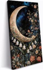 UZMKM Vintage Vertical Wall Art, Crescent Moon & Botanical Painting Print, Flora... - Image 2