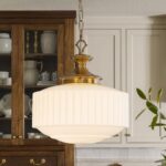 Vintage Brass Milk Glass Pendant Light Fixture, 13.8" White Pleated Glass Chande... - Image 2