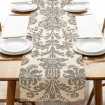 Vintage Damask Pattern Dining Table Runner, Retro Luxury Floral Farmhouse Burlap... - Image 2