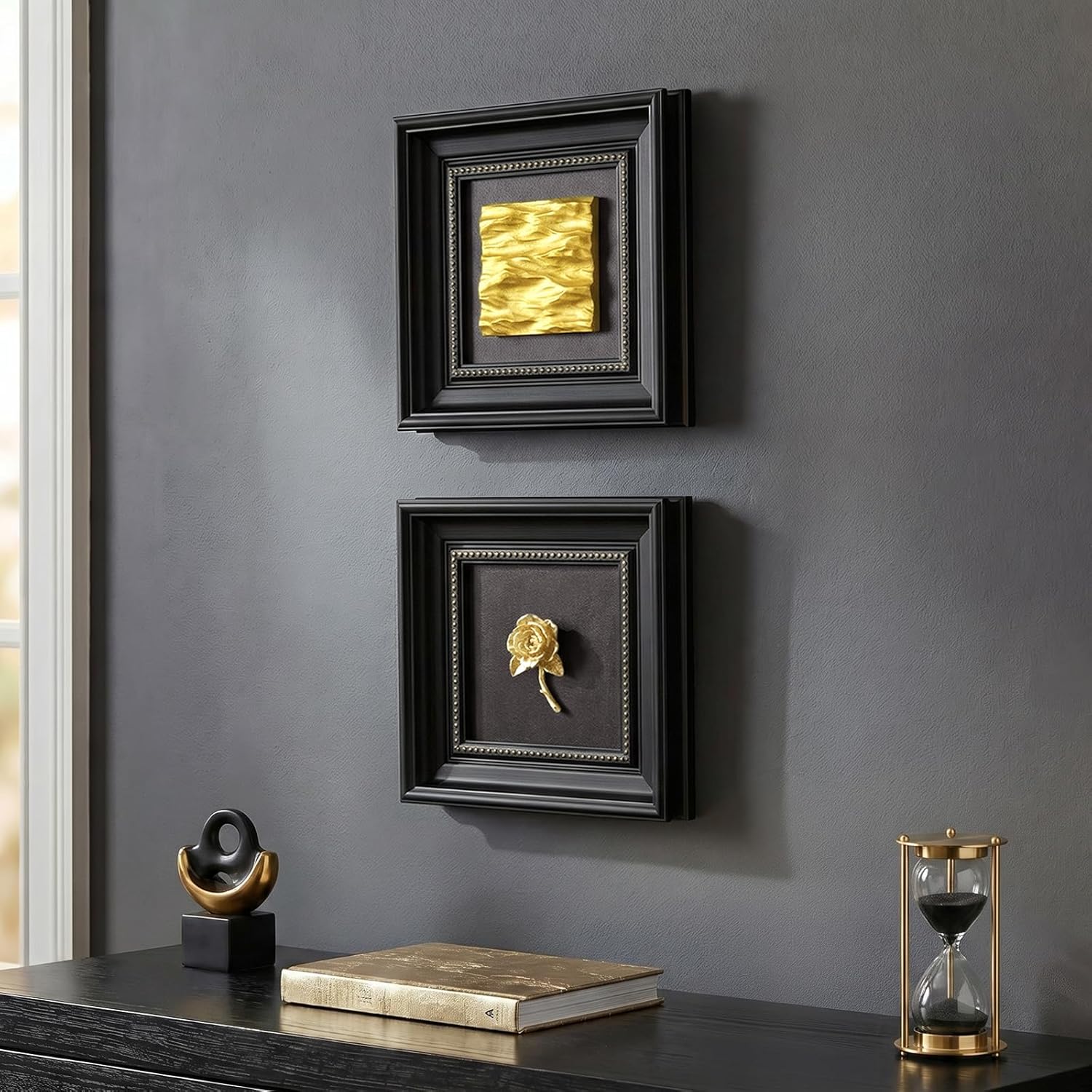 Vintage Framed Wall Art Decor, Set of 2 Black and Gold Textured Floral Rose Scul... - Image 2