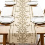 Vintage Gold Scrollwork Border Dining Table Runner, Retro Luxury Golden Damask B... - Image 2