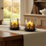 Vintage Gothic Glass Hurricane Candle Holders, Black Metal Base with Gold Accent... - Image 2
