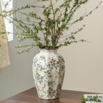 Vintage Pastoral Octagonal Ceramic Vase 9.1”, Green & Beige Chinoiserie Floral V... - Image 2