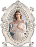 Vintage Picture Frames 5x7 - Silver Metal Oval Photo Frame with Pearl & Crystal ... - Image 2